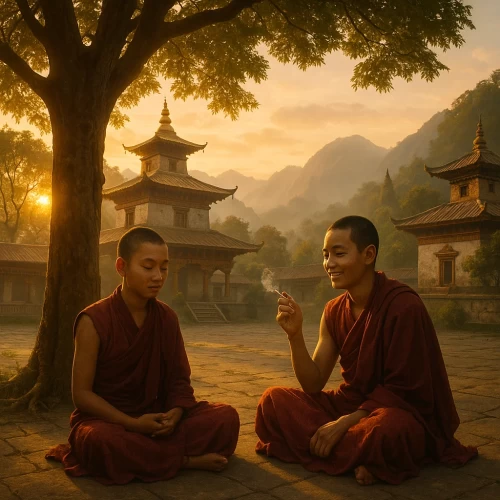 Two monks smoking cigarette